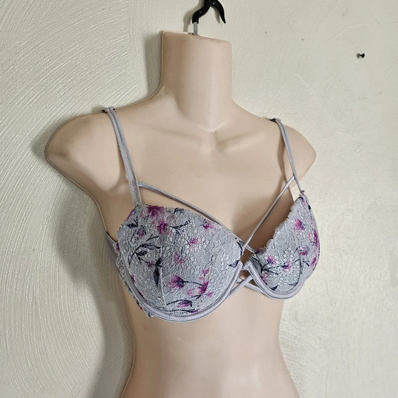 Pink Victoria's Secret Gray Floral Print Date Push Up Bra Size Women's 34C - Picture 3 of 7